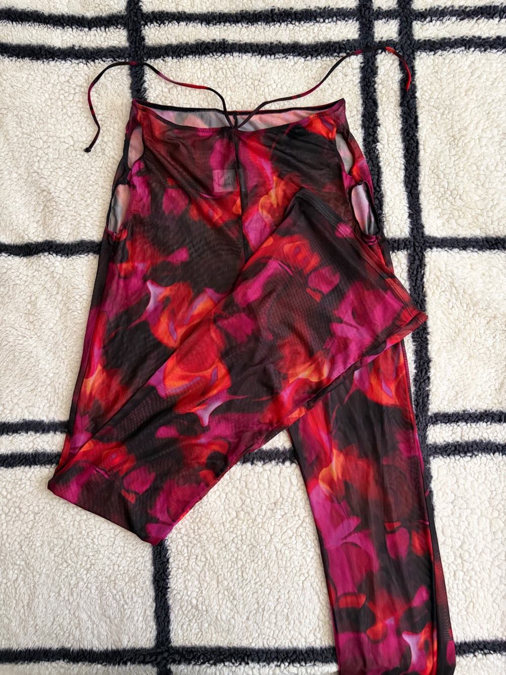 White Fox Boutique Rhythm of the Night Pink Flame Print Mesh Flare Pants
